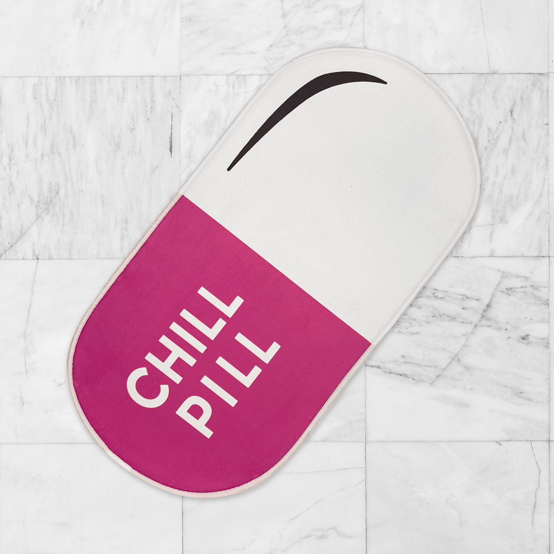 New Domi Chill Pill Bath Mat - 32x16 Inches Funny Bathroom Rug, Small Rug in Pink, Machine Washable Absorbent Floor Mat for Bathroom Decor, Kitchen, Entryway, Non Slip Cute Bath Mat, Cool Rugs